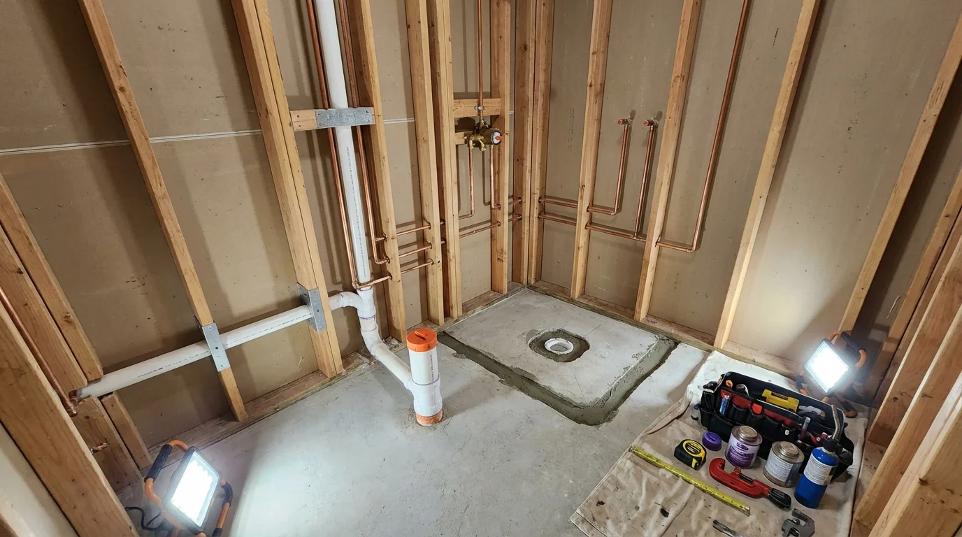 Bathroom rough-in plumbing during remodel by Johns Plumbing LLC in Wedgefield