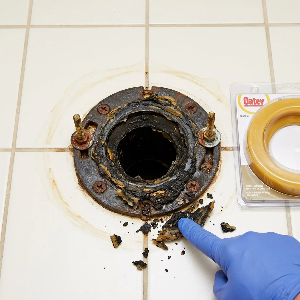 Failed wax ring showing water seepage at the base of a toilet in a Wedgefield, SC home