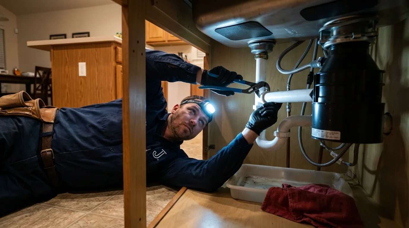 P-trap and supply line connections under a kitchen sink showing a common leak point in Wedgefield, SC